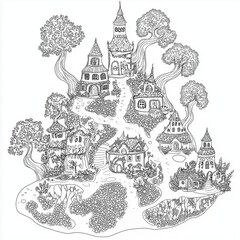 Hidden Fairy Village Nestled Among Ancient Tree Coloring