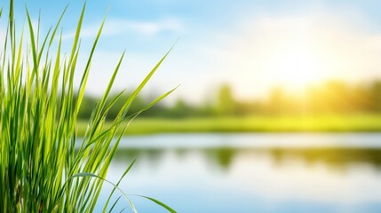 Obraz premium A grassy field next to a body of water with a lake in the background
