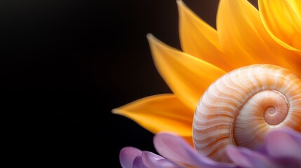 A close up of a yellow flower with a spiral shell