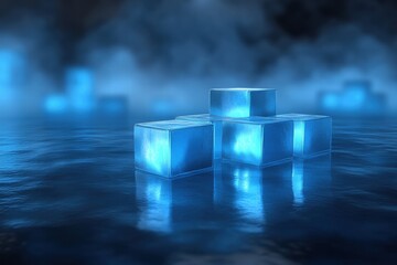 Glowing Blue Cubes on Water