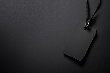 Fototapeta premium Minimalist black tag with engraved details studio product photography dark background close-up branding concept