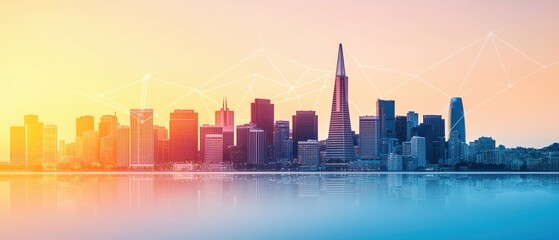 Obraz premium Vibrant Cityscape at Sunset with Connected Network Urban Skyline Modern Architecture