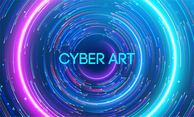Cyber art surrounded by radiant neon swirls and vibrant digital motion. Big data and data science integration with advanced technology and artificial intelligence concepts.