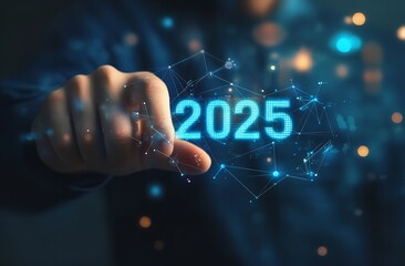 Businessman Touching a Virtual Screen with the Numbers 2025.

