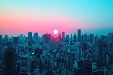 Fototapeta premium Stunning Cityscape at Sunset Pink and Teal Skyline Panorama