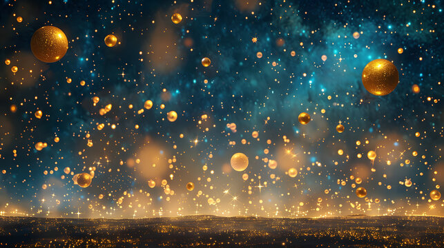 Cosmic Rain A Surreal Dance of Golden Orbs in the Night Sky,background with stars