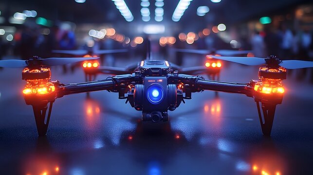 Close-up of a futuristic drone demonstration at a tech conference, highlighting features