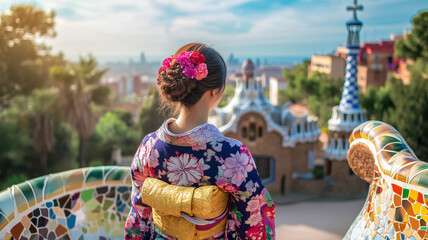 Fototapeta premium グエル公園のカラフルな世界と着物姿の女性が織りなす美