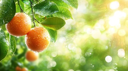 A bunch of oranges hanging from a tree with water droplets on them