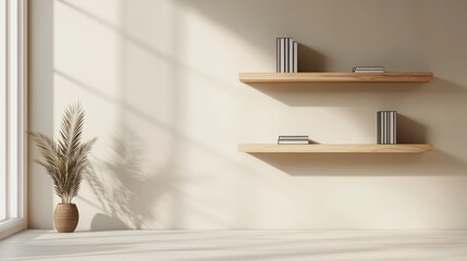Minimalist Room Decor Featuring Wooden Shelves and Plant