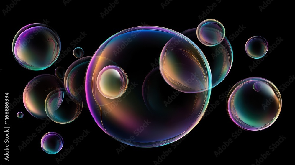Aufkleber iridescent bubbles floating in dark space