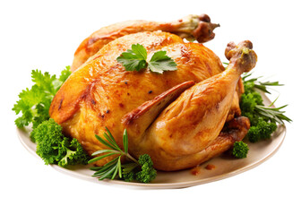 Whole roasted chicken isolated on white background