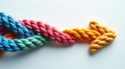 Group Of Colorful Ropes Coming Together To Form A Direction Arrow. Teamwork Concept