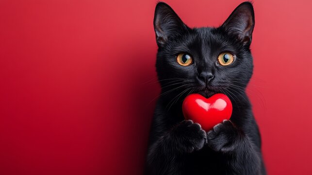 Black Cat Holding Red Heart on Solid Red Background, copy space
