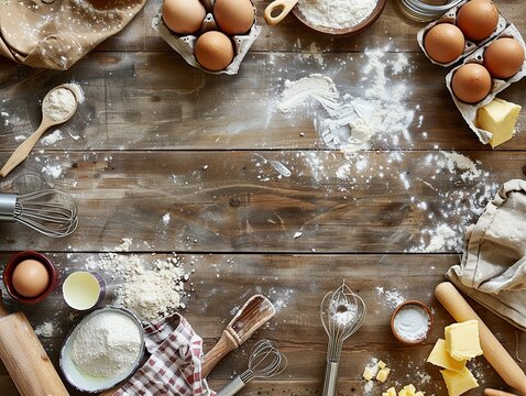 Baking ingredients and utensils on rustic wooden table - Powered by Adobe
