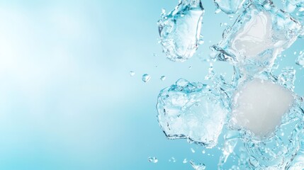 ice cubes falling into the water on a blue background