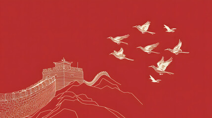 Artistic depiction of the Great Wall with birds