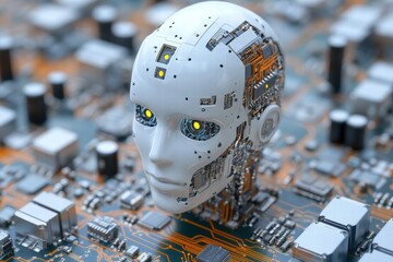 Artificial Intelligence Robot Head on Circuit Board