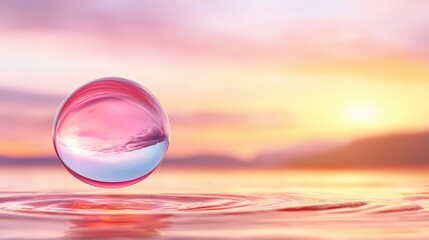 A pink and blue water drop floating in the water at sunset