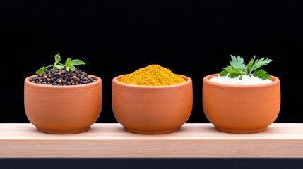 Three clay bowls containing spices and herbs on a wooden surface.