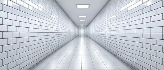 Obraz premium Long White Tile Corridor Modern Interior Architecture Clean Minimalist Design Bright Lighting