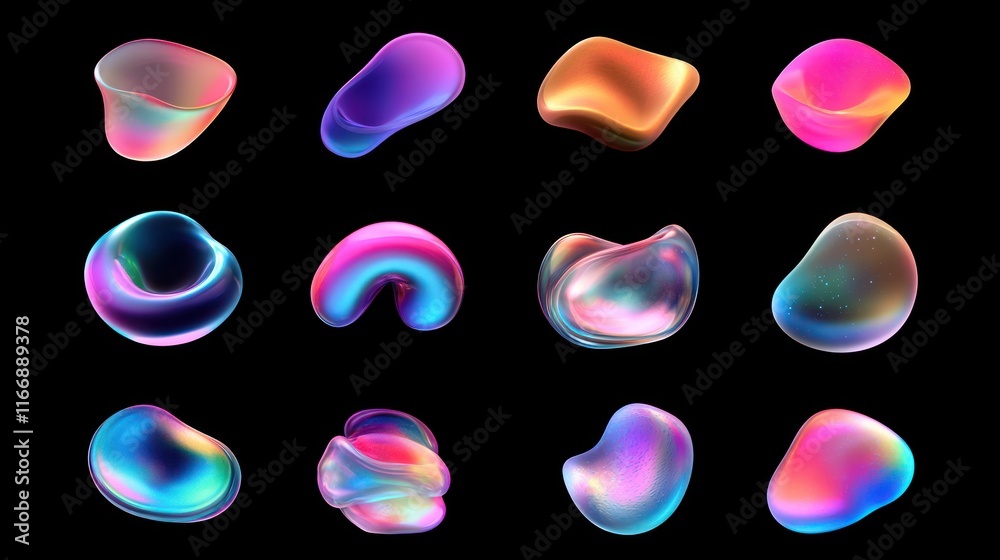 Poster Abstract iridescent shapes floating in dark space