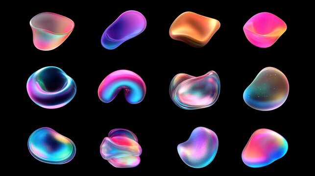 Abstract iridescent shapes floating in dark space