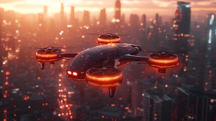 Autonomous drone taxi hovering above a futuristic city skyline with glowing navigation lights and advanced control systems showcasing the future of sustainable and intelligent urban transportation