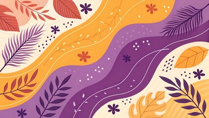 Naklejka premium Colorful layered paper cut design with flowing waves and leaves in purple and orange