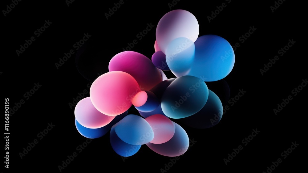 Poster abstract cluster of colorful spheres on black background