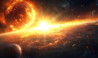 Obraz premium A vibrant cosmic scene depicting a star and surrounding planets.