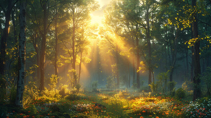 Fototapeta premium A forest with sunlight shining through the trees