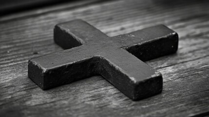 Black Cross on Wooden Surface