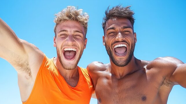 Two shirtless men taking a selfie on the beach
