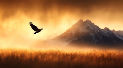A bird flying over a grassy field with mountains in the background