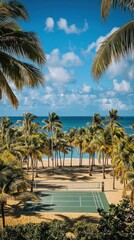 Scenic beach view featuring palm trees and a tennis court.
