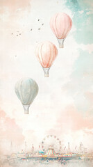 Obraz premium Aesthetic watercolor vintage card with hot air balloons floating in the sky, retro concept. Generative AI
