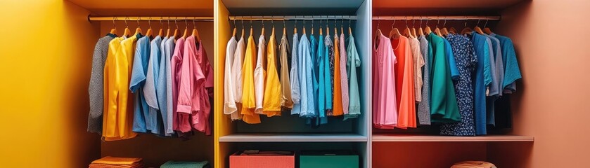 A colorful wardrobe with neatly arranged clothes and accessories