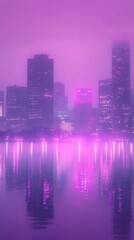 A misty city skyline illuminated in purple hues reflecting on water.