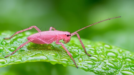 A pink insect sitting on a green leaf with water droplets