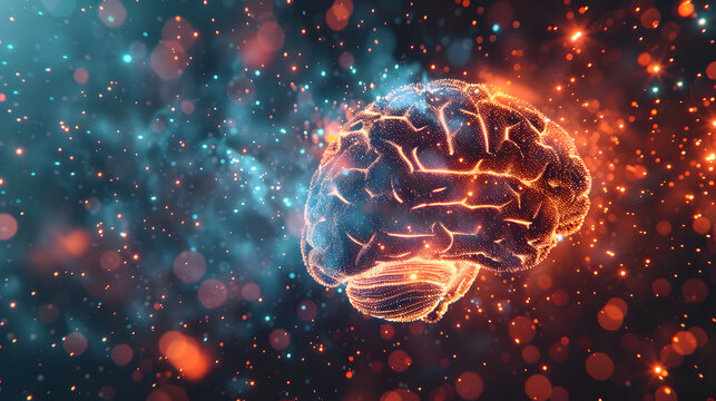Digital brain in top view with streaming data particles exploding around it in space