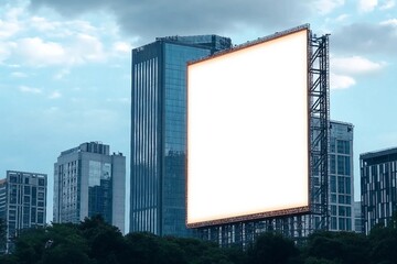 Mock up white vertical large LED display billboard on tower building with blue sky background .clipping path for mockup