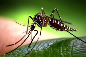 Close-Up of a Mosquito Feeding on a Leaf, Capturing Intricate Details of Insect Anatomy Against a Soft Green Background