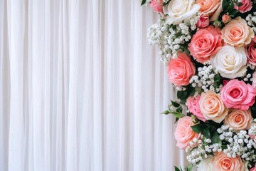 Obraz premium Elegant Wedding Floral Arrangement with Pink and White Roses against White Drape