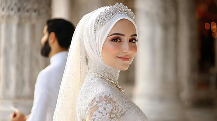 Beautiful hijabi woman in white satin gown and pearl tiara standing with her husband at their wedding ceremony. Wedding and cultural concept