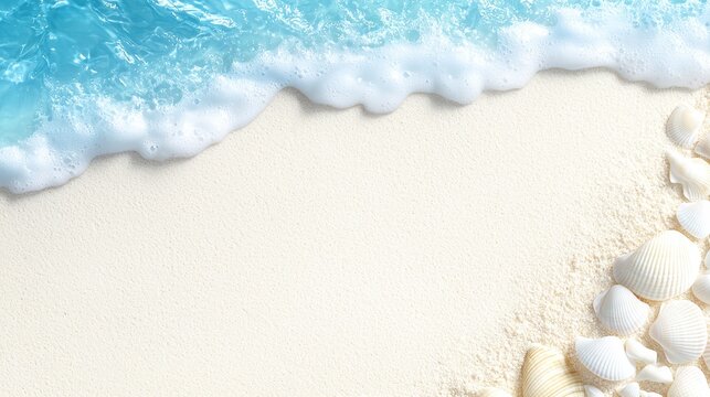 A beach scene with shells on the sand and the ocean