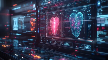 Obraz premium Innovative AI powered diagnostic imaging system featuring futuristic touch controls and real time medical visualizations displayed in a cutting edge modern clinic environment