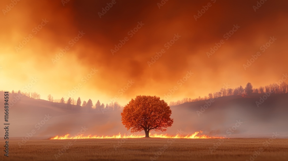 Wall mural a lone tree in the middle of a field with a fire in the background