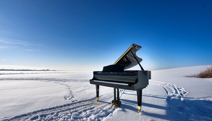 grand piano and music notes in the snow