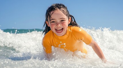 A joyful child playing in the ocean waves on a sunny day.